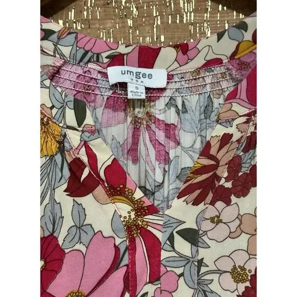 Umgee Pink Floral Dress V-Neck Flutter Sleeve Peasant Cottagecore Small Back Tie - Picture 4 of 9